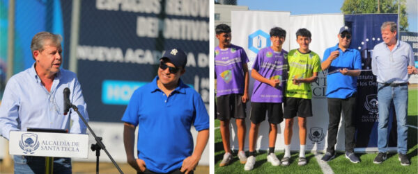 José Mayorga, gerente general de DISAL junto a Henry Flores, alcalde de Santa Tecla, en la inauguración de la remodelada “Cancha Las Colinas”.